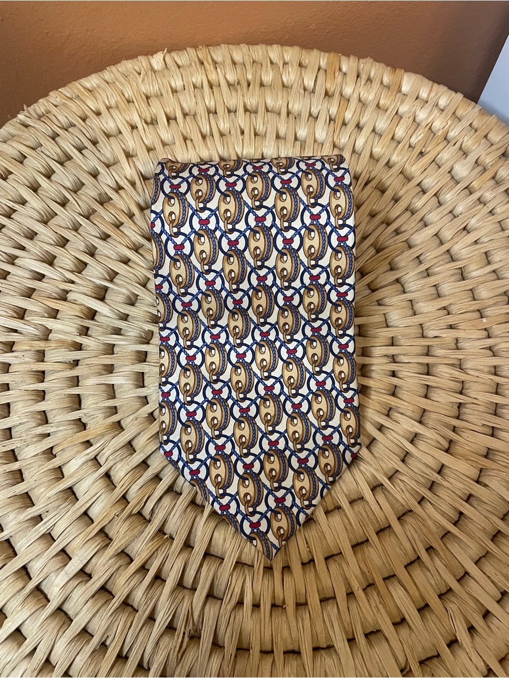 Gucci Designer Vintage Gold Link Chain Silk Neckwear Tie Nautical Baroque Style
